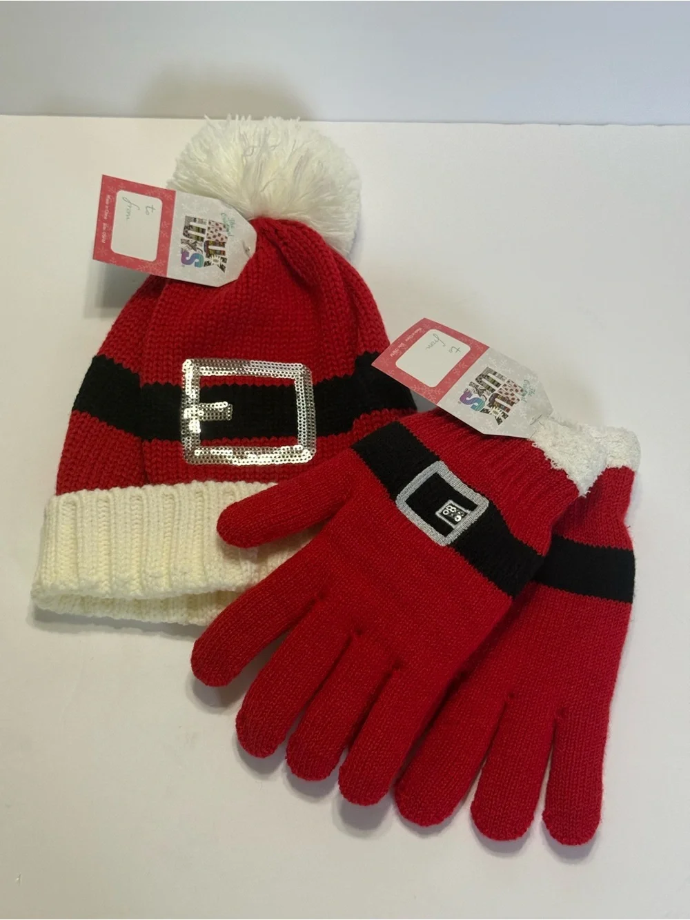 Muk Luks Red Knit Santa Hat & Gloves Set with Pom Pom NWT